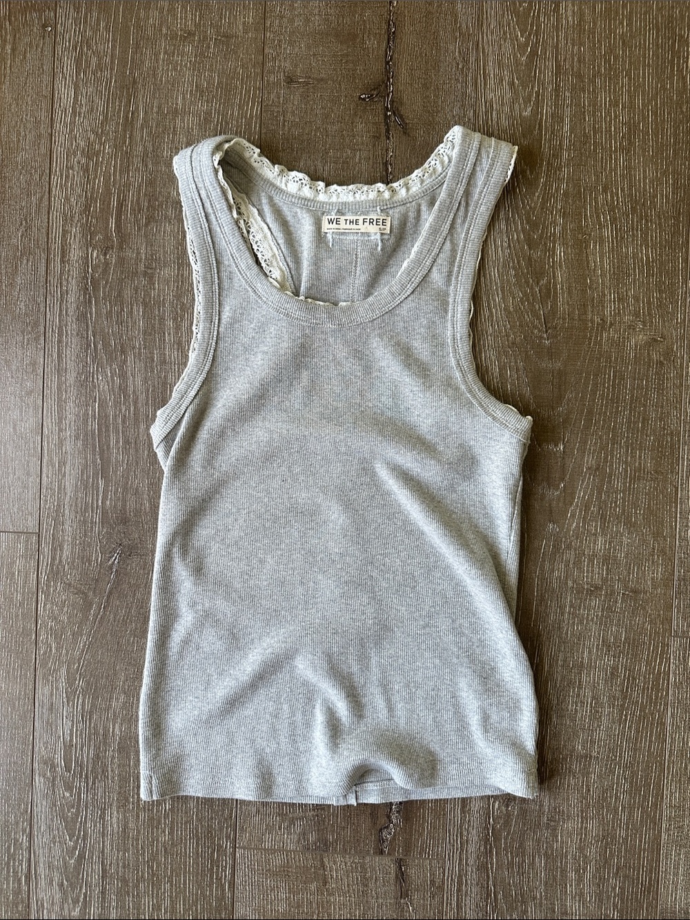 Free People We The Free Rowan Heather Gray Lace-Trim Ribbed Tank Top